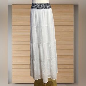 White Tiered Maxi Skirt Large Boho Stretch Waist Lined Scandi Minimalist